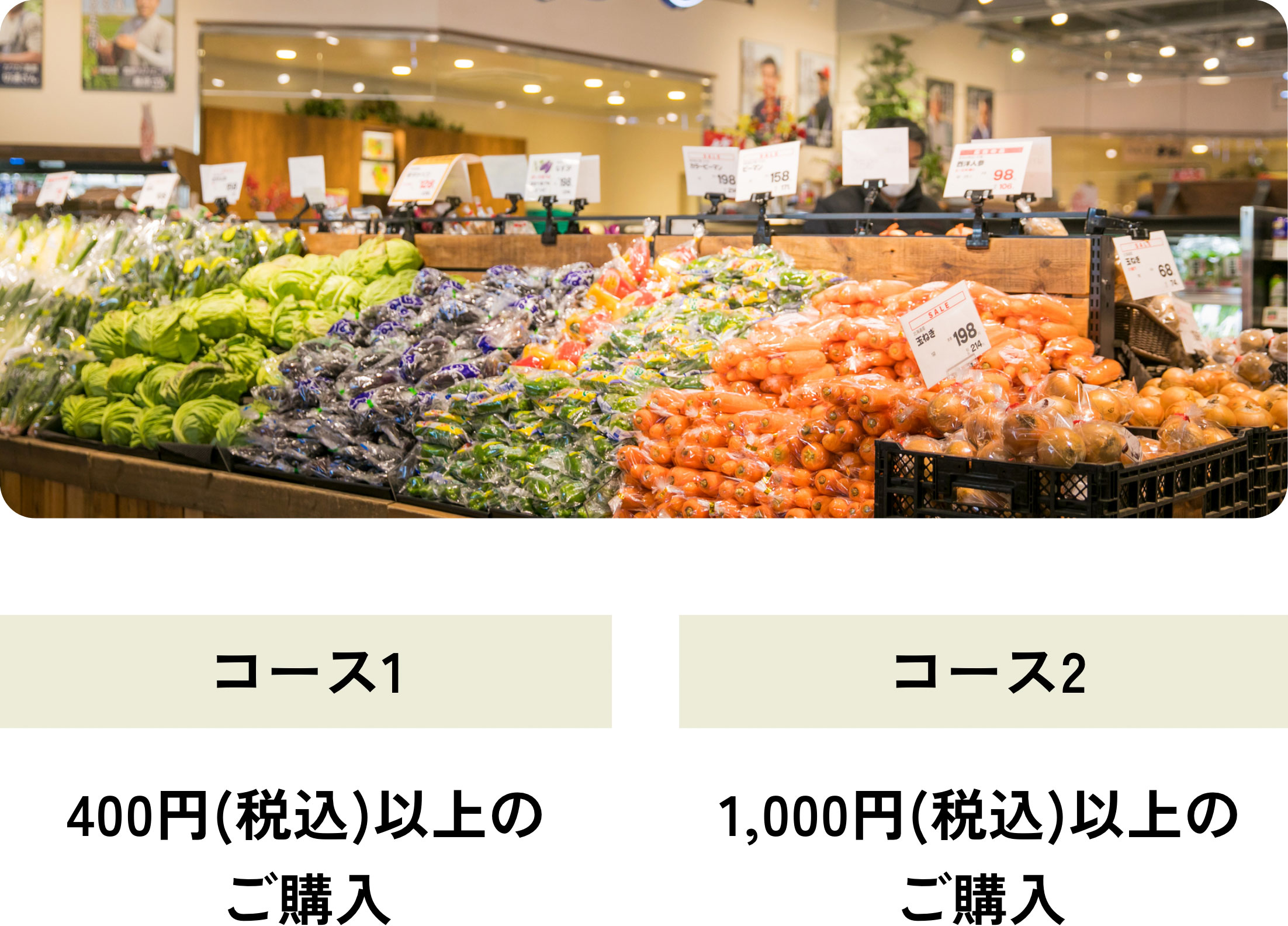 コース1 400円（税込）以上のご購入／コース2 1000円（税込）以上のご購入