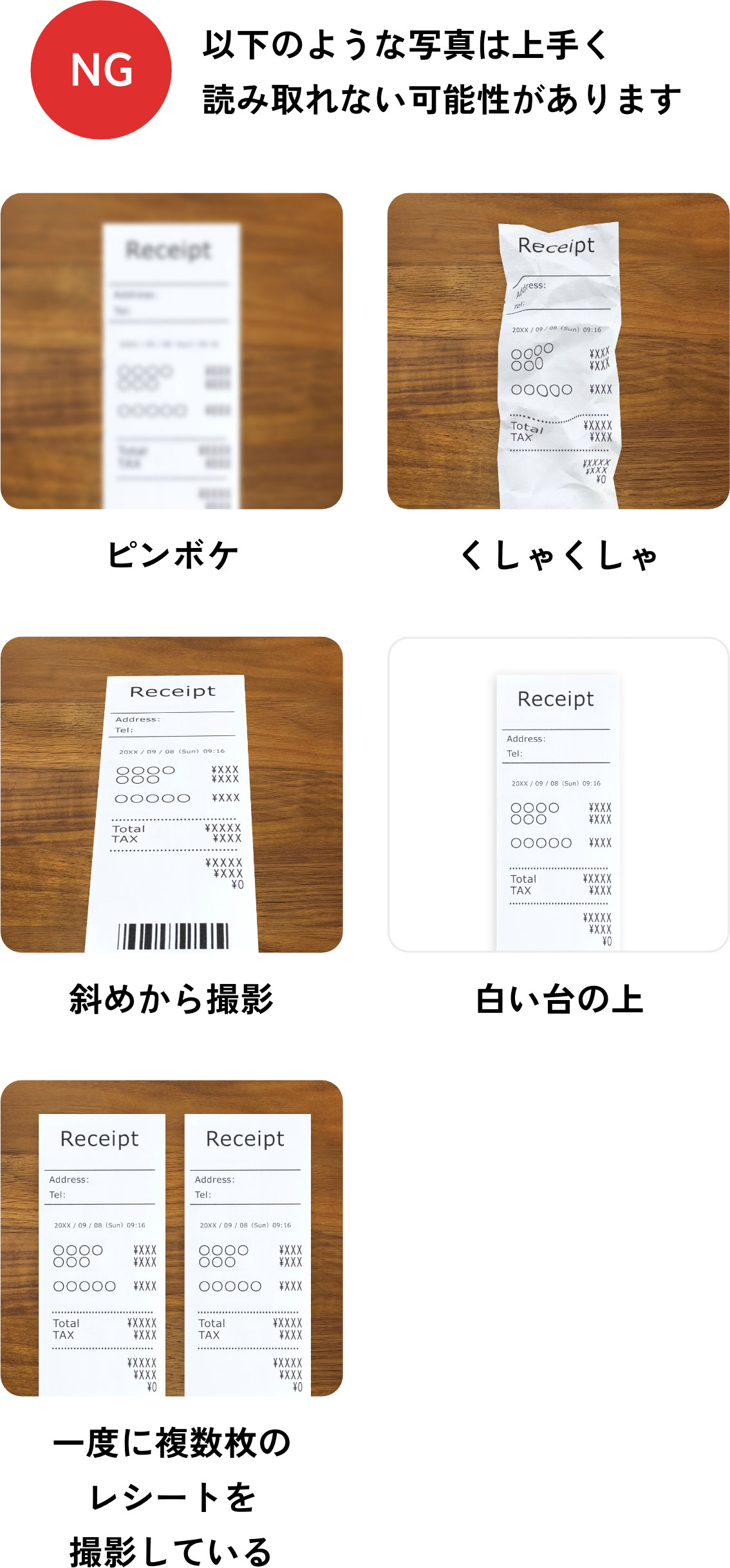 【NG】以下のような写真は上手く読み取れない可能性があります。／ピンボケ／くしゃくしゃ／斜めから撮影／白い台の上／一度に複数枚のレシートを撮影している